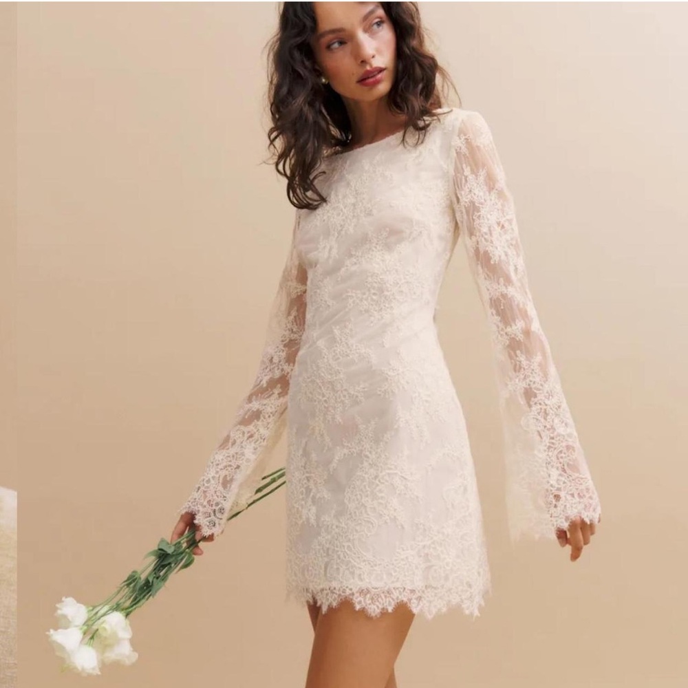 Reformation Ivory Lace Long-Sleeve Mini Dress